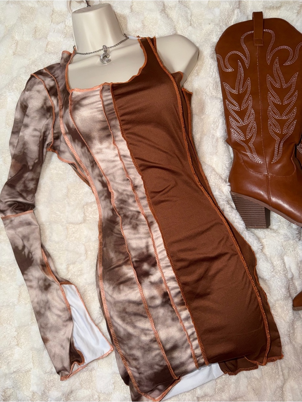 Fashion Nova Brown Tie-Dye Asymmetrical Long Sleeve Mini Dress